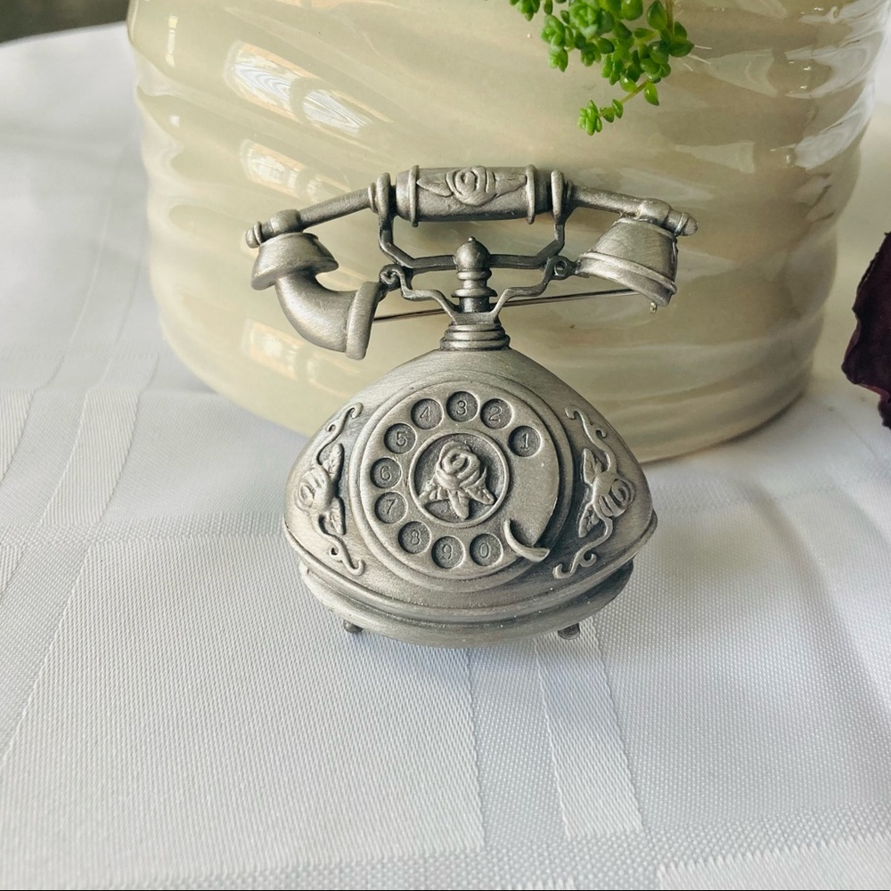 Vintage AJC signed pewter telephone brooch